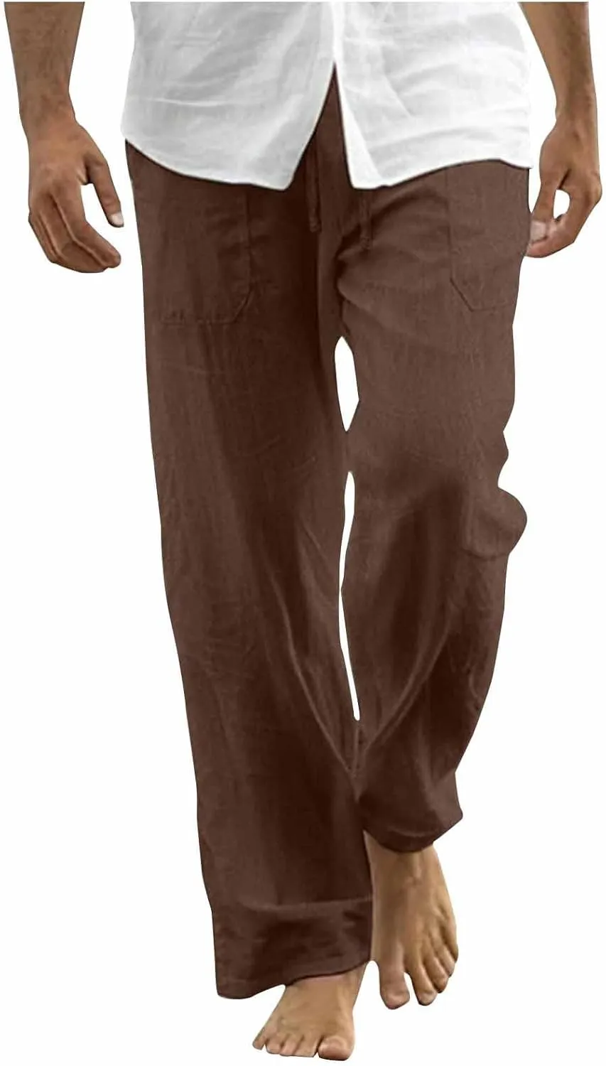 Mens Cotton Linen Pants Drawstring Elastic Waist Casual Yoga Pants Loose Fit Straight-Legs Summer Beach Long Trousers