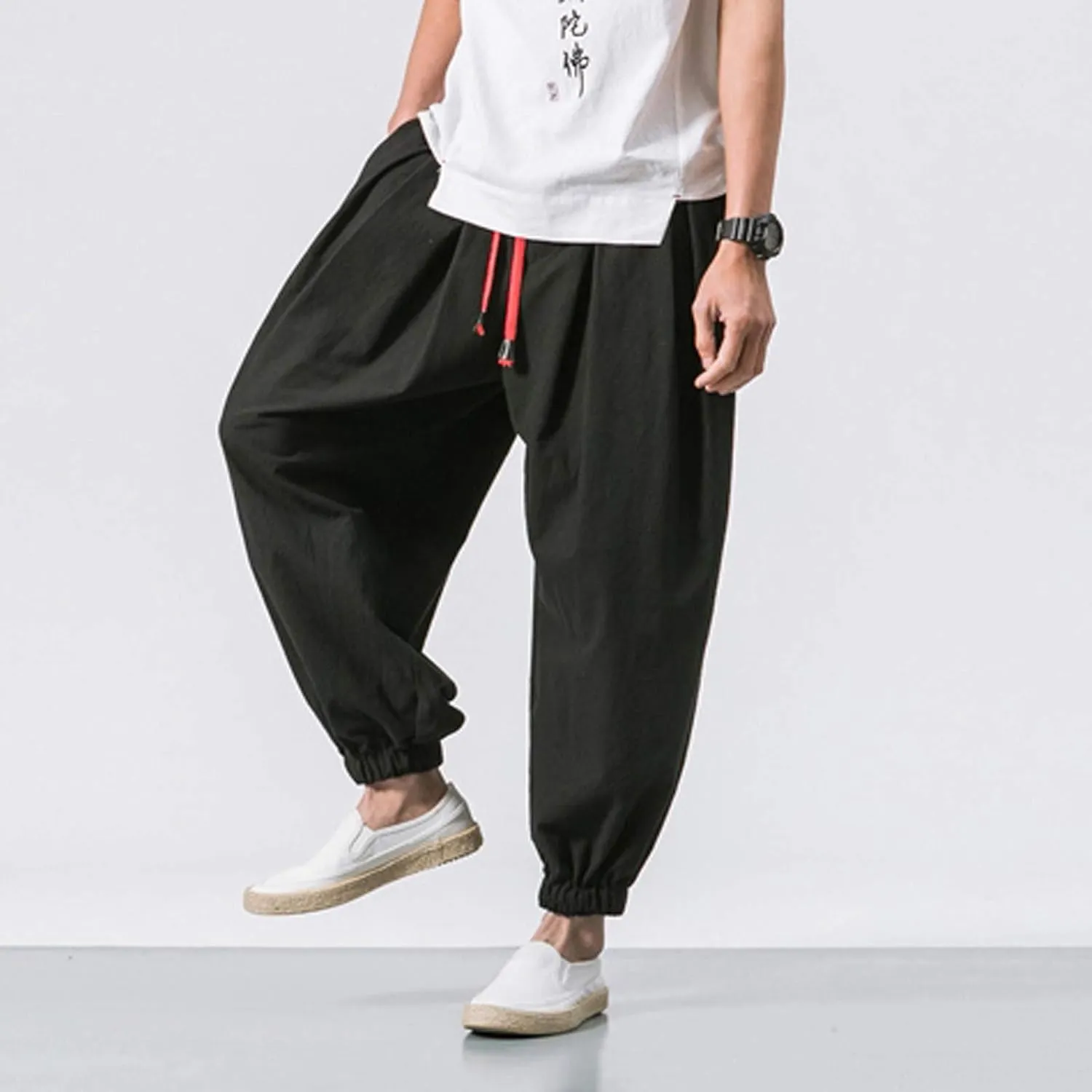 Mens Hip Hop Harem Pants Fashion Solid Color Oversized Tapered Pants Casual Comfy Elastic Drawstring Baggy Trouser