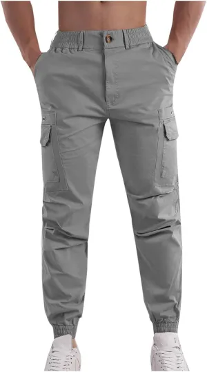 Mens Joggers Elastic Waist Cotton Sports Pants Athletic Workout Trousers Casual Hiking Work Cargo Pants Multi Pockets