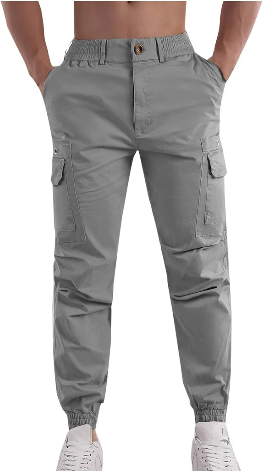 Mens Joggers Elastic Waist Cotton Sports Pants Athletic Workout Trousers Casual Hiking Work Cargo Pants Multi Pockets