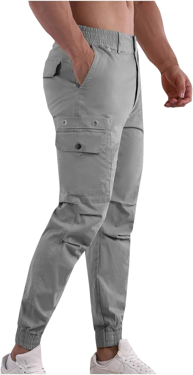 Mens Joggers Elastic Waist Cotton Sports Pants Athletic Workout Trousers Casual Hiking Work Cargo Pants Multi Pockets