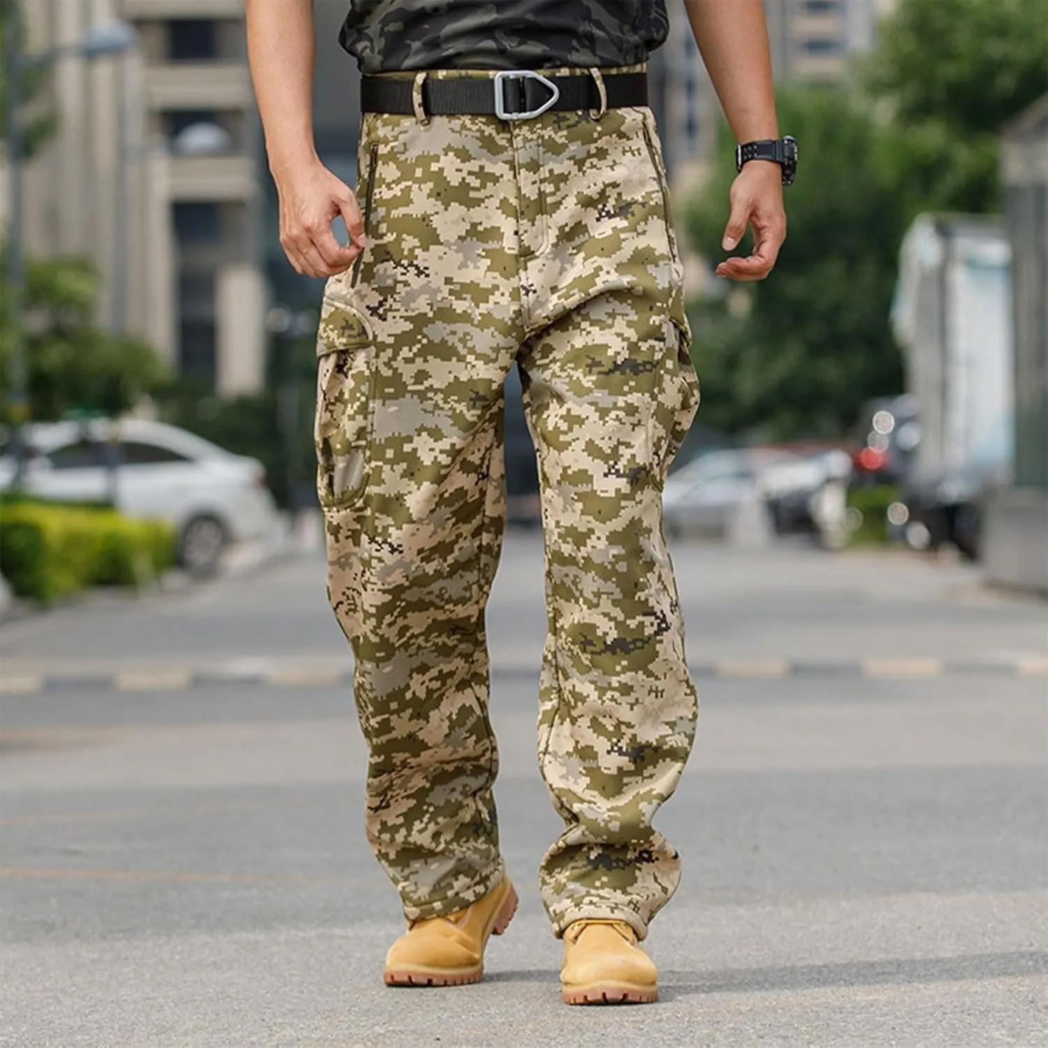 Mens Tactical Cargo Pants Baggy Waterproof Ripstop Hiking Camo Pants Winter Fleece Lined Work Pants Zipper Pockets