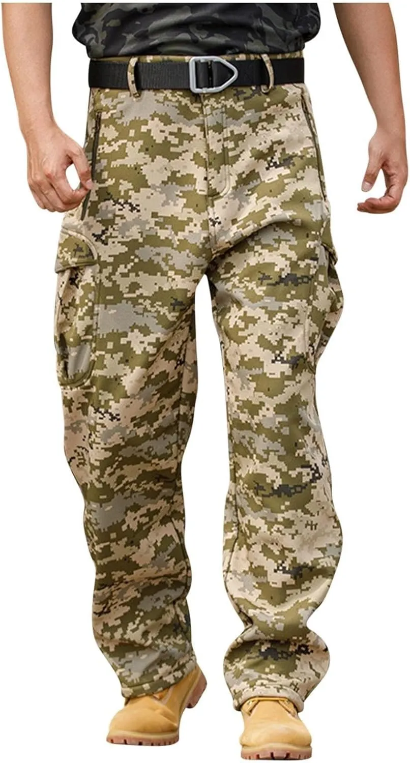 Mens Tactical Cargo Pants Baggy Waterproof Ripstop Hiking Camo Pants Winter Fleece Lined Work Pants Zipper Pockets