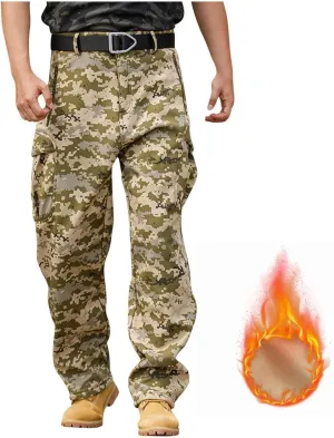 Mens Tactical Cargo Pants Baggy Waterproof Ripstop Hiking Camo Pants Winter Fleece Lined Work Pants Zipper Pockets