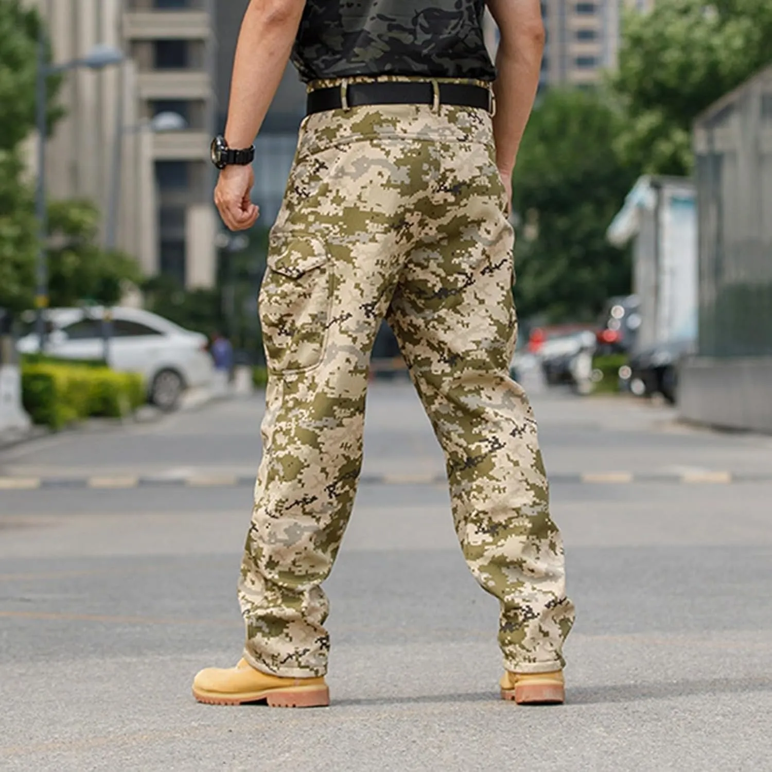 Mens Tactical Cargo Pants Baggy Waterproof Ripstop Hiking Camo Pants Winter Fleece Lined Work Pants Zipper Pockets