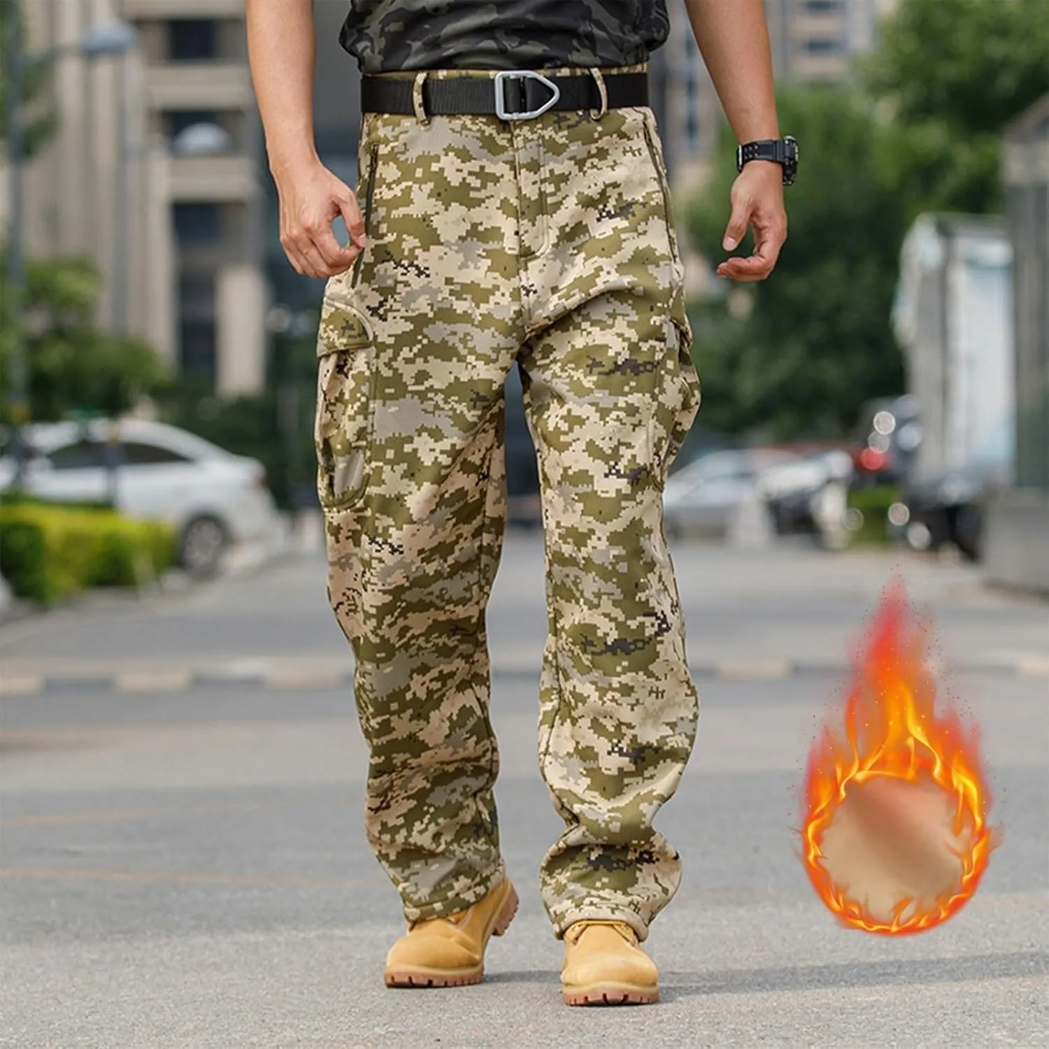 Mens Tactical Cargo Pants Baggy Waterproof Ripstop Hiking Camo Pants Winter Fleece Lined Work Pants Zipper Pockets