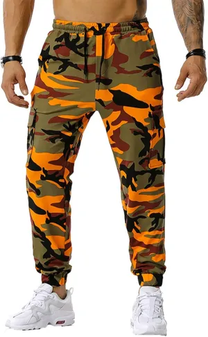 Mens Tactical Pants,Camo Cargo Pants Casual Outdoor Hiking Trousers Elastic Waist Drawstring Pocket Athletic Joggers