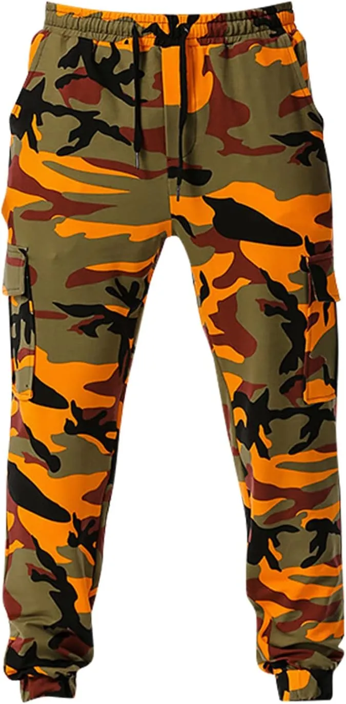 Mens Tactical Pants,Camo Cargo Pants Casual Outdoor Hiking Trousers Elastic Waist Drawstring Pocket Athletic Joggers