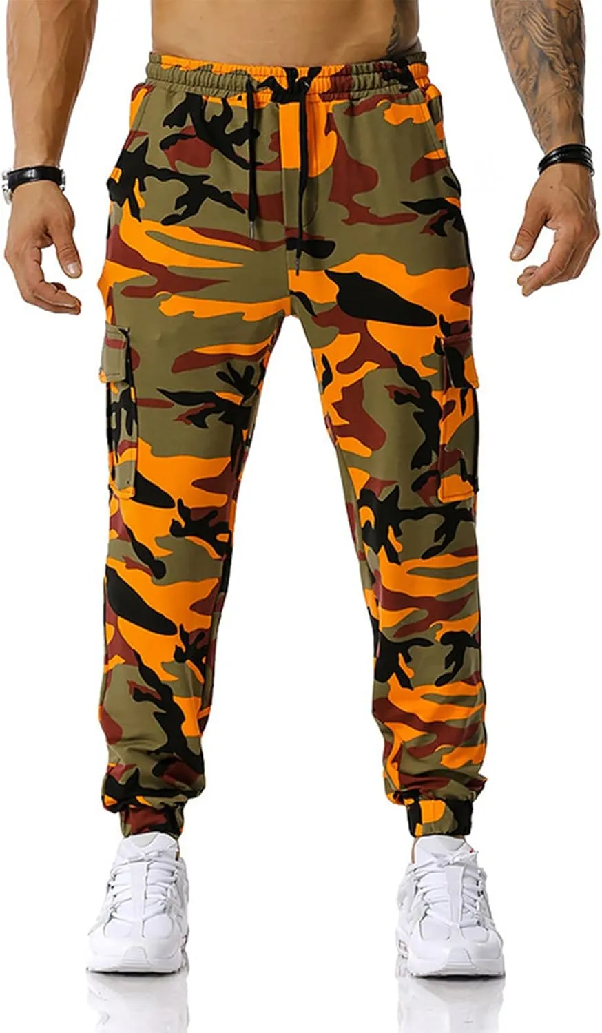 Mens Tactical Pants,Camo Cargo Pants Casual Outdoor Hiking Trousers Elastic Waist Drawstring Pocket Athletic Joggers