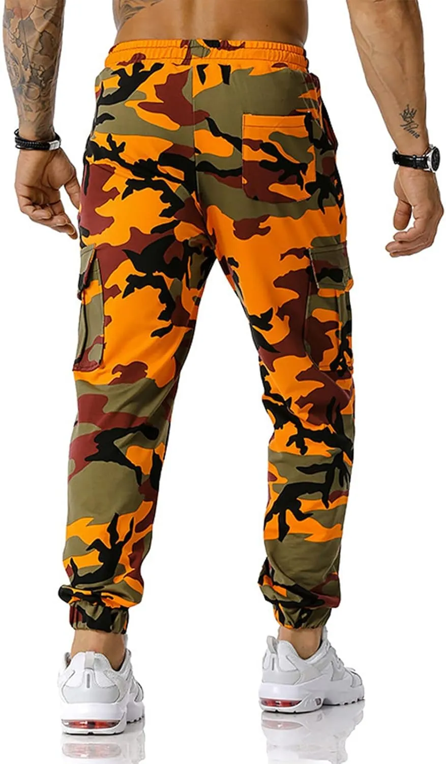 Mens Tactical Pants,Camo Cargo Pants Casual Outdoor Hiking Trousers Elastic Waist Drawstring Pocket Athletic Joggers