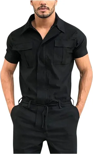 Men's Zip Up Overalls Lapel Jumpsuit Suit Short Sleeve Work Coverall Summer Romper Casual One-piece Sets with Pockets