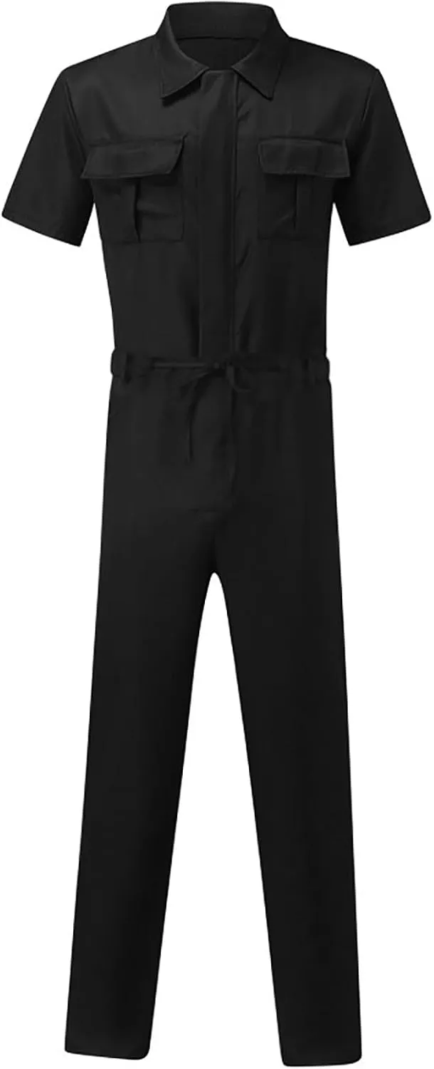 Men's Zip Up Overalls Lapel Jumpsuit Suit Short Sleeve Work Coverall Summer Romper Casual One-piece Sets with Pockets
