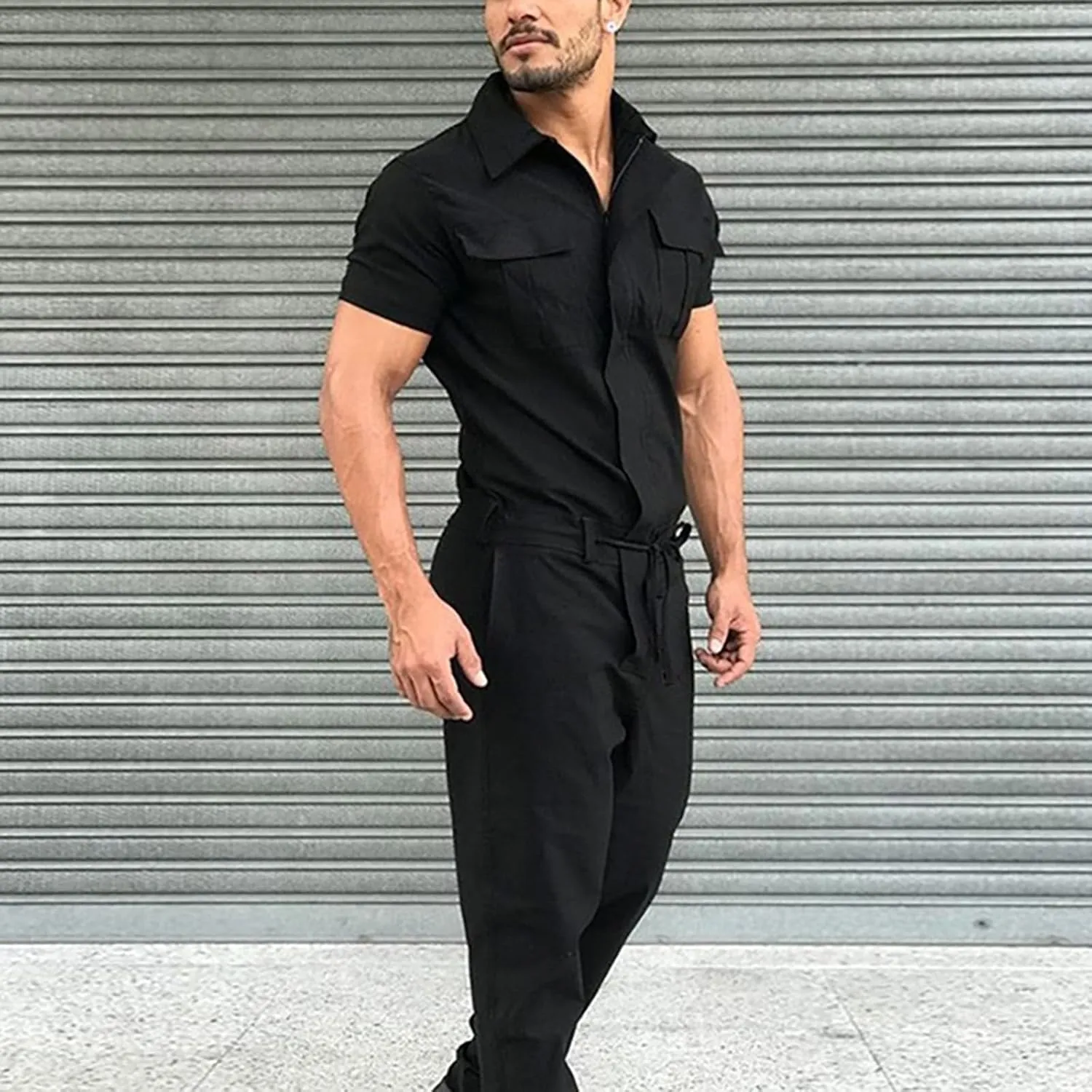 Men's Zip Up Overalls Lapel Jumpsuit Suit Short Sleeve Work Coverall Summer Romper Casual One-piece Sets with Pockets