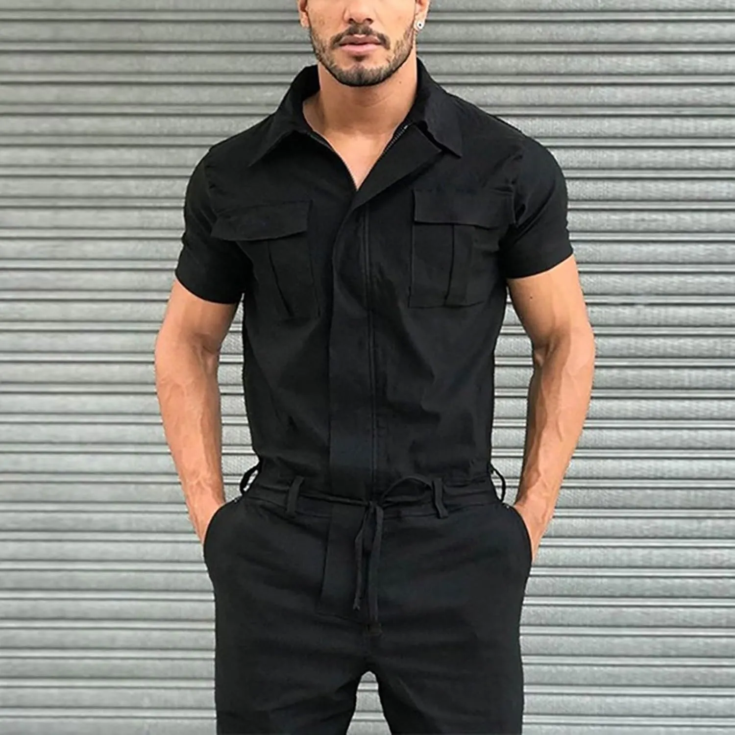 Men's Zip Up Overalls Lapel Jumpsuit Suit Short Sleeve Work Coverall Summer Romper Casual One-piece Sets with Pockets