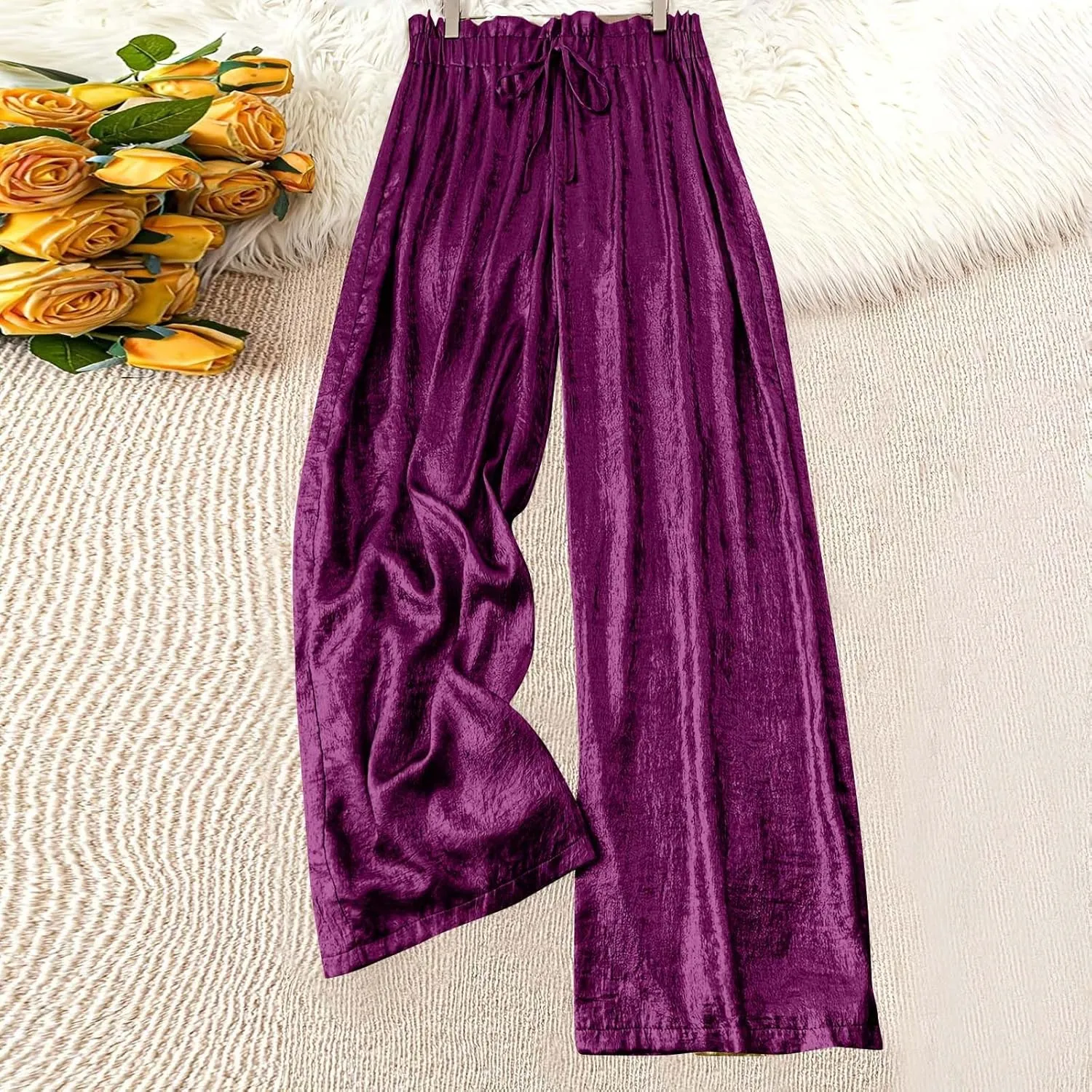 Shiny Wide Leg Pants for Women High Elastic Waist Straight Leg Pants Loose Fit Drawstring Comfy Lounge Trousers