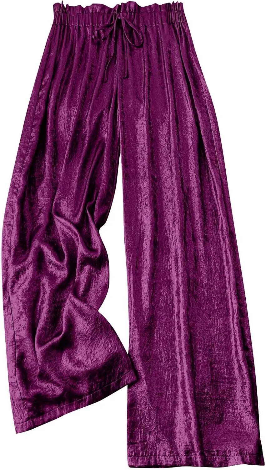 Shiny Wide Leg Pants for Women High Elastic Waist Straight Leg Pants Loose Fit Drawstring Comfy Lounge Trousers