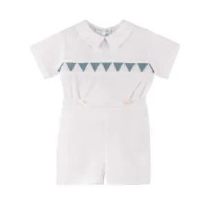 Smocked Southern Belle Bobby Suit - White/Vintage Blue