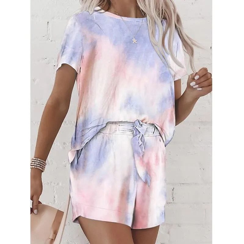 Tie-dye Bandage Short Sleeve Blouse Short Pants Sets