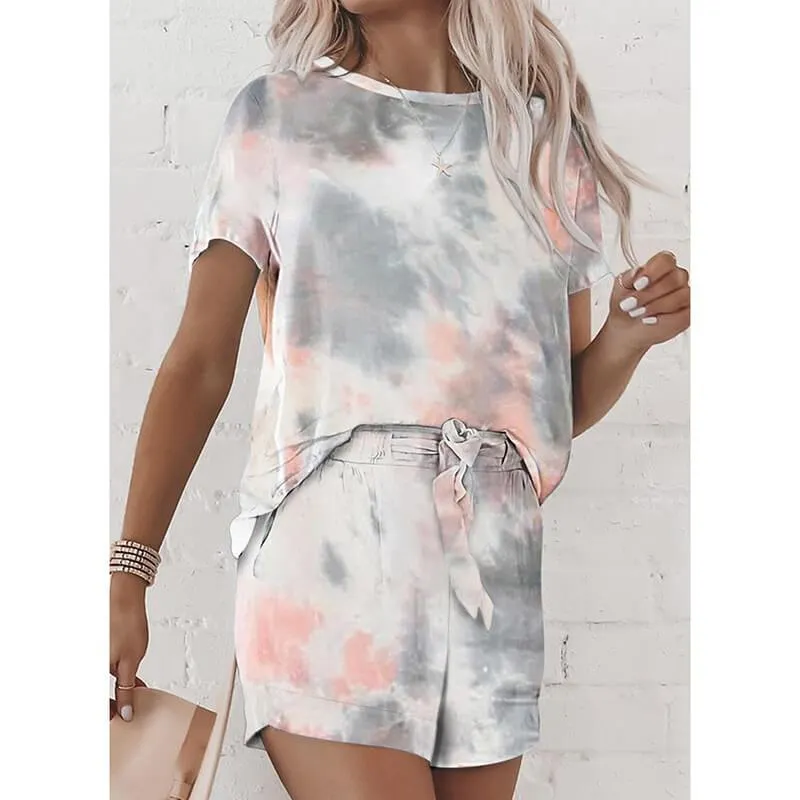 Tie-dye Bandage Short Sleeve Blouse Short Pants Sets