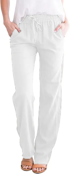 Uillui Women Cotton Linen Baggy Pants Drawstring Elastic Waist Sashes Straight Casual Loose Fit Long Pants Wide Leg Trousers