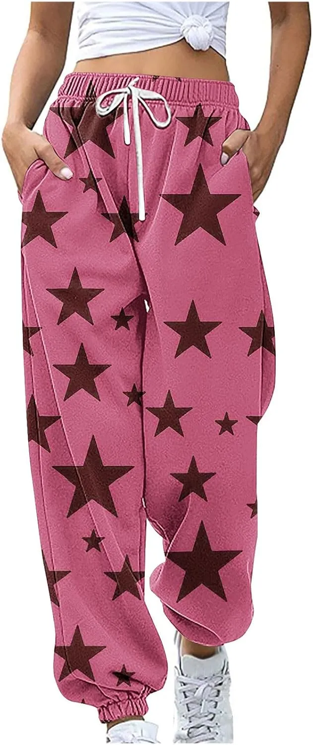 Women Comfy Sweatpants Trendy 2025 Stars Print Athletic Hiking Joggers Pants High Waisted Teen Girls Casual Pants