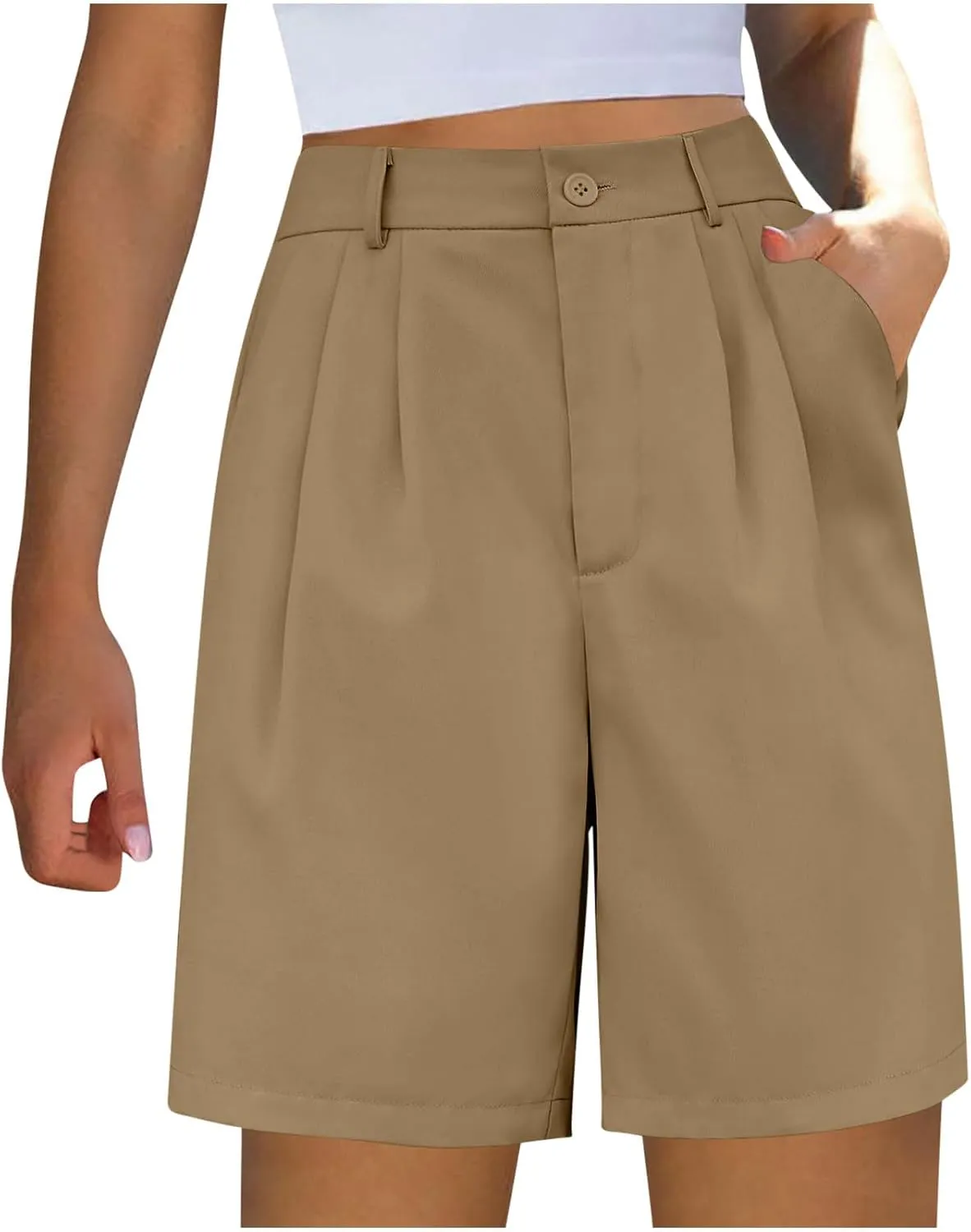 Women's Bermuda Shorts Pocket Thin High Waisted Straight Casual Mid Pant Breathable Wide Leg Five Pants Outdoor