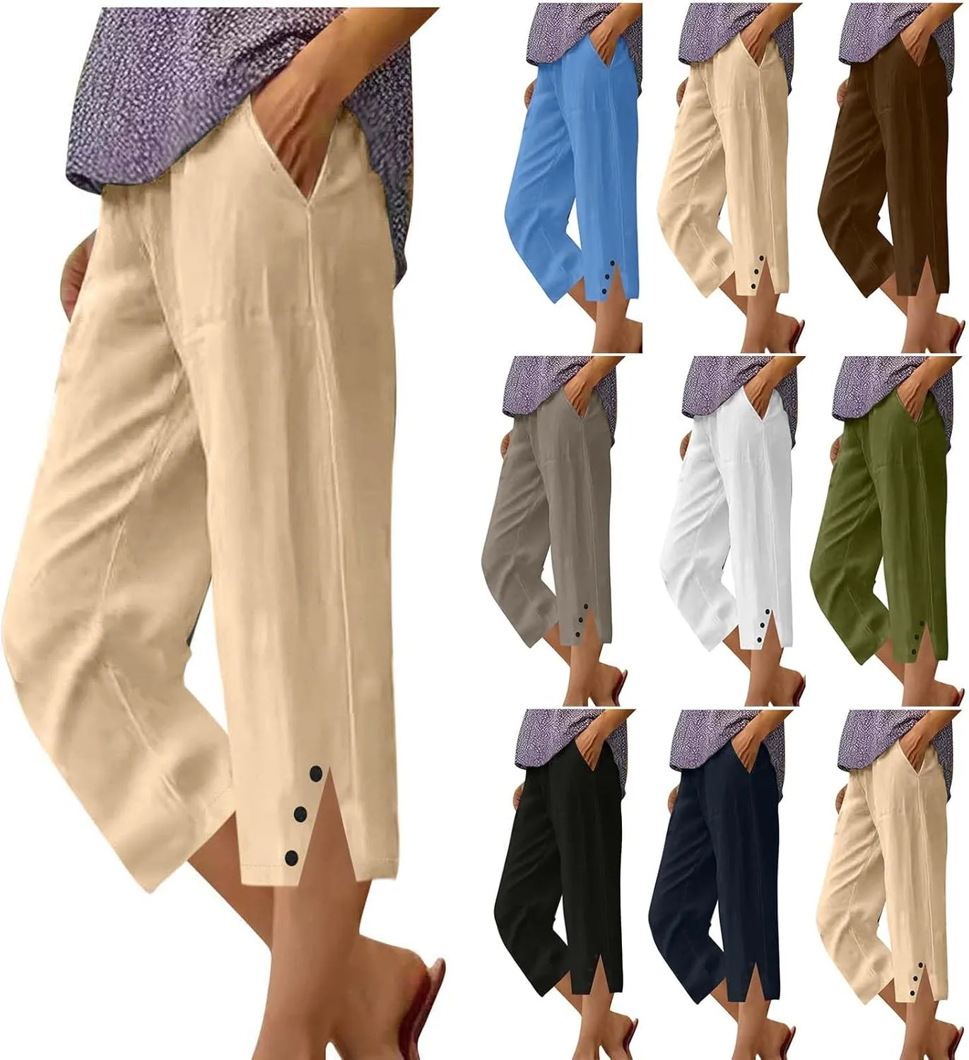Women's Casual Tapered Harem Pants Summer Baggy Loose Fit Linen Bermuda Beach Pants with Pockets