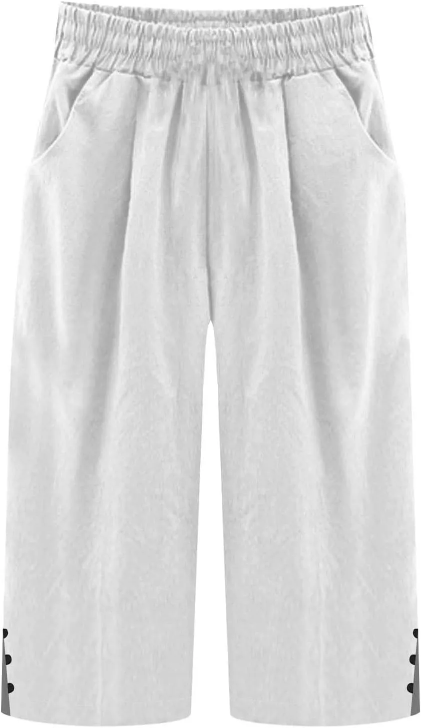 Women's Casual Tapered Harem Pants Summer Baggy Loose Fit Linen Bermuda Beach Pants with Pockets