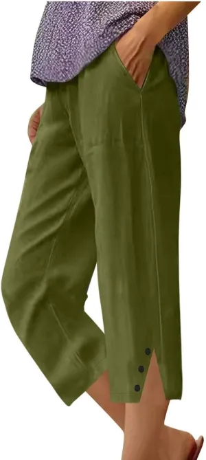 Women's Casual Tapered Harem Pants Summer Baggy Loose Fit Linen Bermuda Beach Pants with Pockets