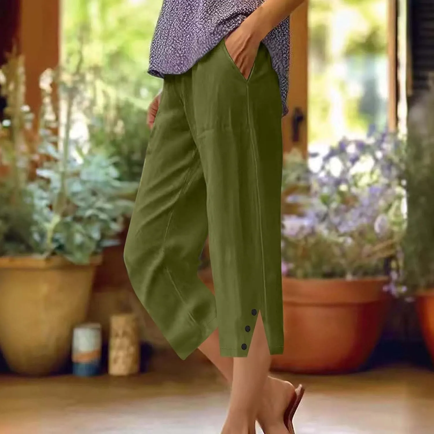 Women's Casual Tapered Harem Pants Summer Baggy Loose Fit Linen Bermuda Beach Pants with Pockets
