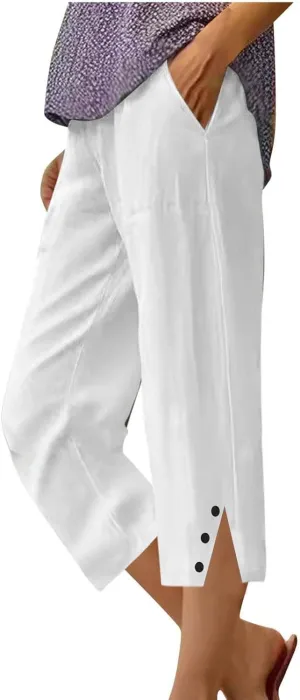 Women's Casual Tapered Harem Pants Summer Baggy Loose Fit Linen Bermuda Beach Pants with Pockets