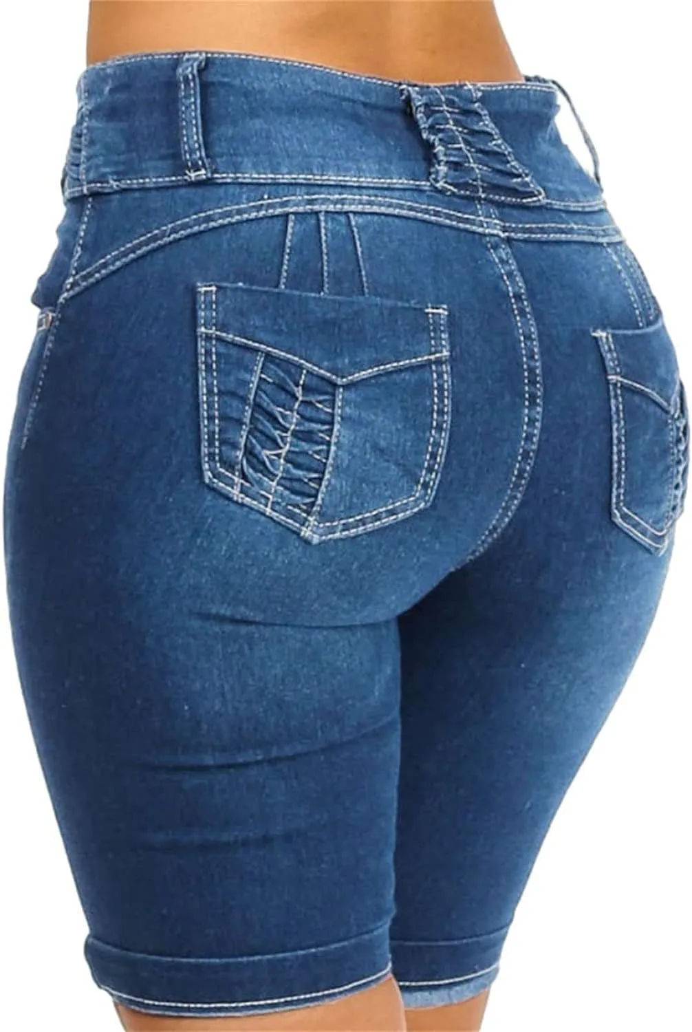 Women's Denim Shorts Petite Mid Rise Belted Bermuda Buttons Jeans Lady cowboy High Waisttight Ultra Soft Shortpants (Large,Light Blue)