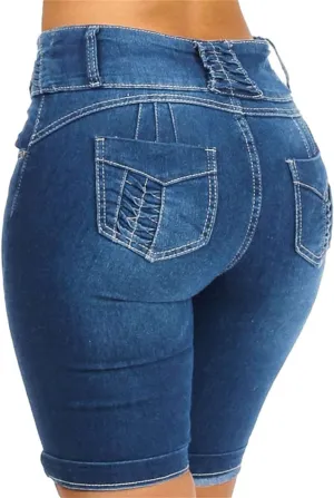 Women's Denim Shorts Petite Mid Rise Belted Bermuda Buttons Jeans Lady cowboy High Waisttight Ultra Soft Shortpants (Large,Light Blue)