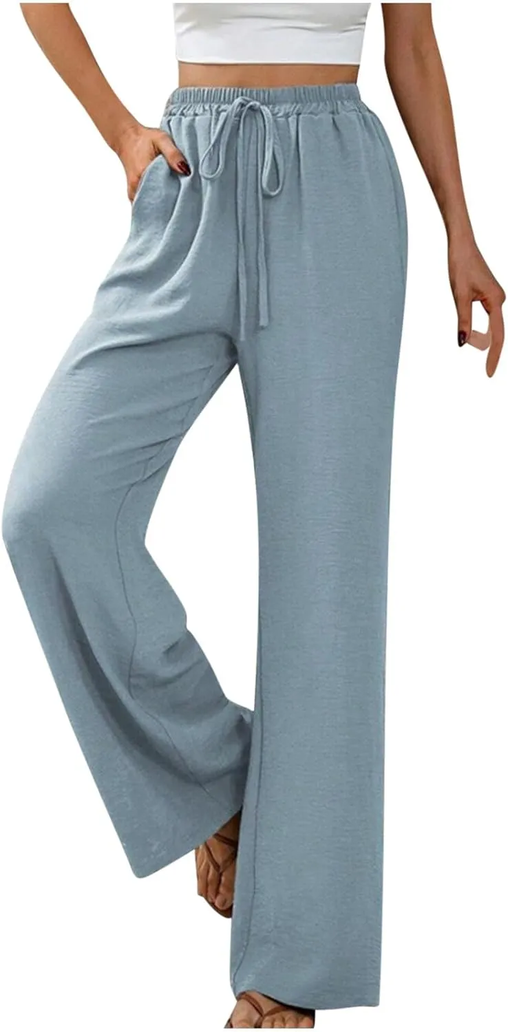 Women's Elastic Waist Drawstring Casual Pants Straight Tube Wide Leg Lightweight Loose Fit Solid Trousers with Pockets