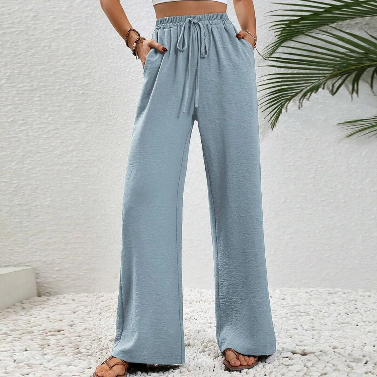 Women's Elastic Waist Drawstring Casual Pants Straight Tube Wide Leg Lightweight Loose Fit Solid Trousers with Pockets