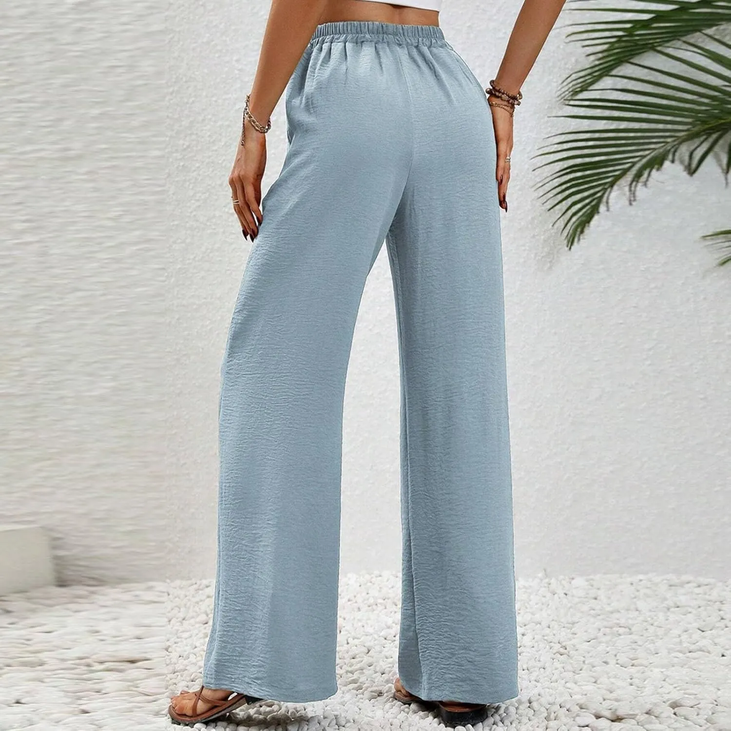 Women's Elastic Waist Drawstring Casual Pants Straight Tube Wide Leg Lightweight Loose Fit Solid Trousers with Pockets