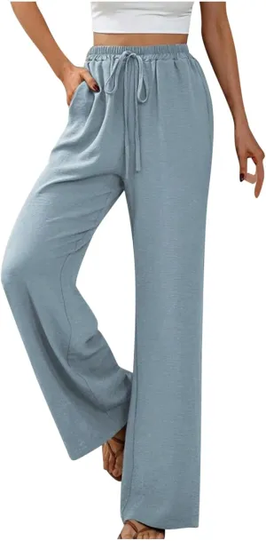 Women's Elastic Waist Drawstring Casual Pants Straight Tube Wide Leg Lightweight Loose Fit Solid Trousers with Pockets