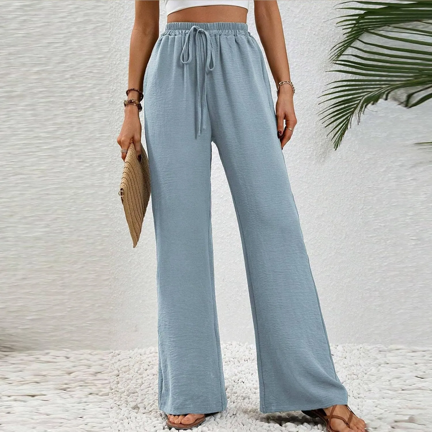 Women's Elastic Waist Drawstring Casual Pants Straight Tube Wide Leg Lightweight Loose Fit Solid Trousers with Pockets