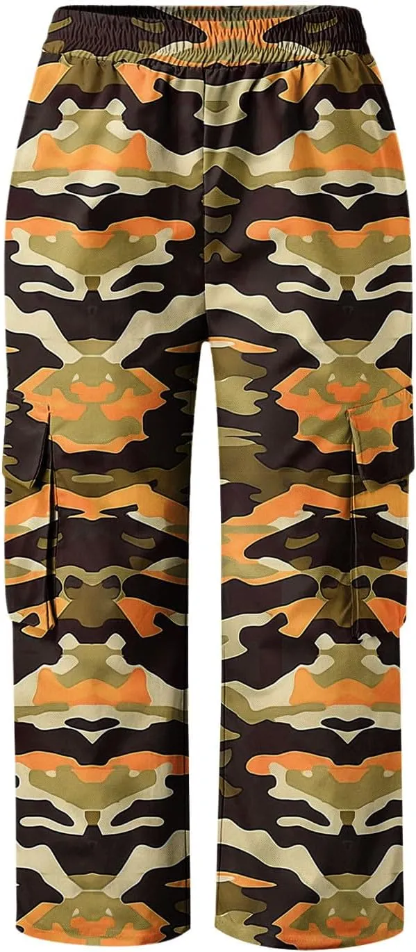 Womens Fashion Camouflage Cargo Capris Casual Elastic Waisted Straight Leg Loose Athletic Capri Pants with Pockets