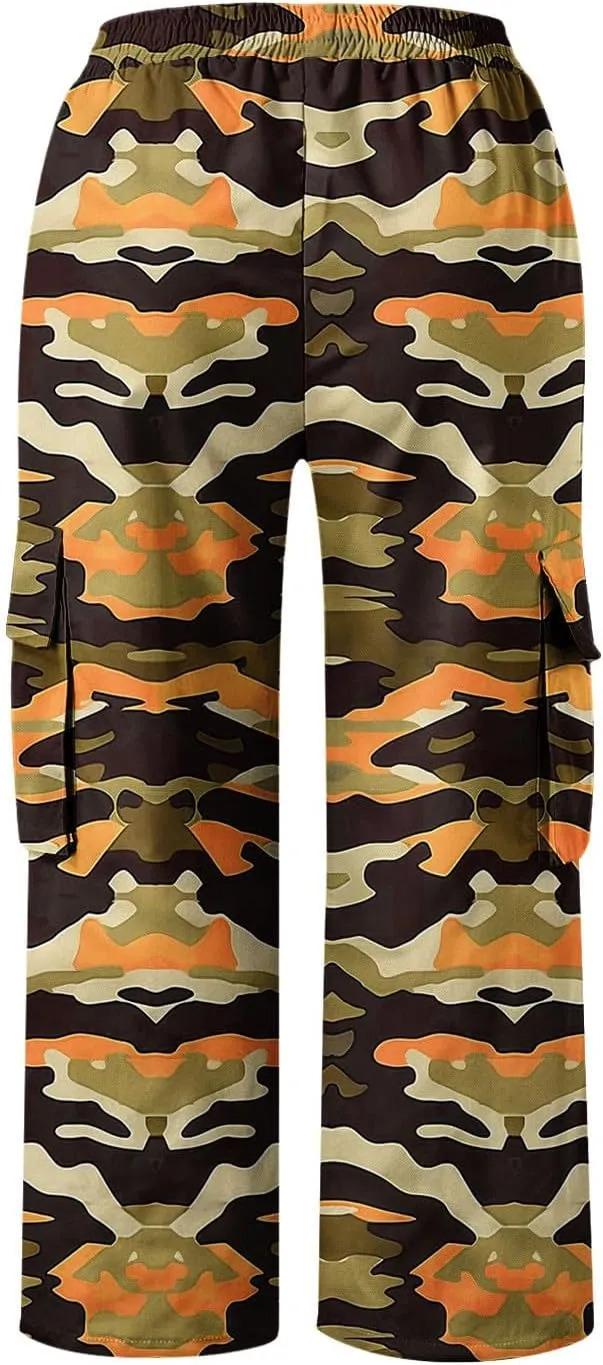 Womens Fashion Camouflage Cargo Capris Casual Elastic Waisted Straight Leg Loose Athletic Capri Pants with Pockets