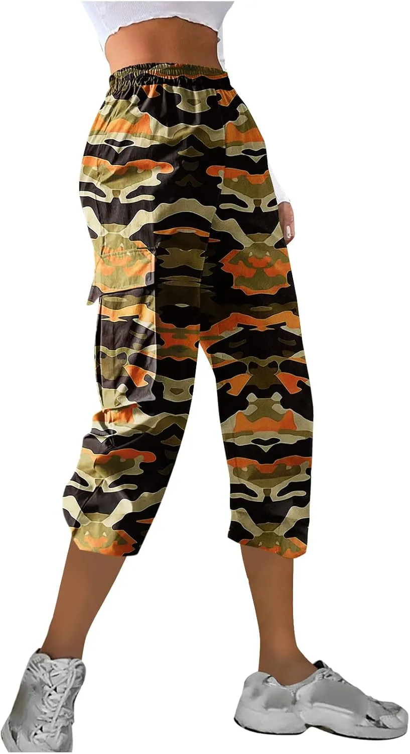 Womens Fashion Camouflage Cargo Capris Casual Elastic Waisted Straight Leg Loose Athletic Capri Pants with Pockets