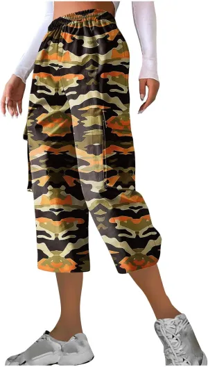 Womens Fashion Camouflage Cargo Capris Casual Elastic Waisted Straight Leg Loose Athletic Capri Pants with Pockets