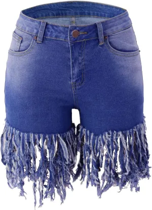 Women's Fringed Denim Shorts Juniors High Waisted Frayed Raw Hem Tassels Shortpants Summer Ripped Sexy Short Jeans (Large,Navy Blue)