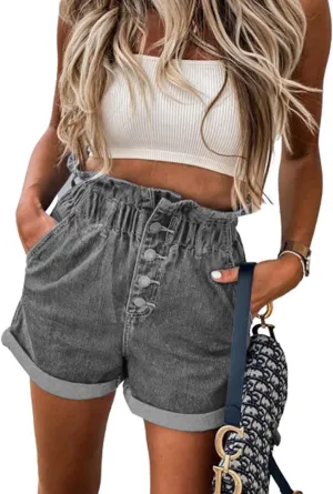 Women's Loose Denim Shorts Casual High Waisted Rolled Buttons Short Jeans Waist Lotus Leaf Washed Jean Shortpants (Small,Gray)
