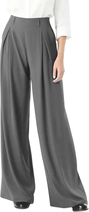 Women's Office Work Pants Drape High Waisted Business Casual Loose Straight Wide Leg Long Dress Trousers with Pocket