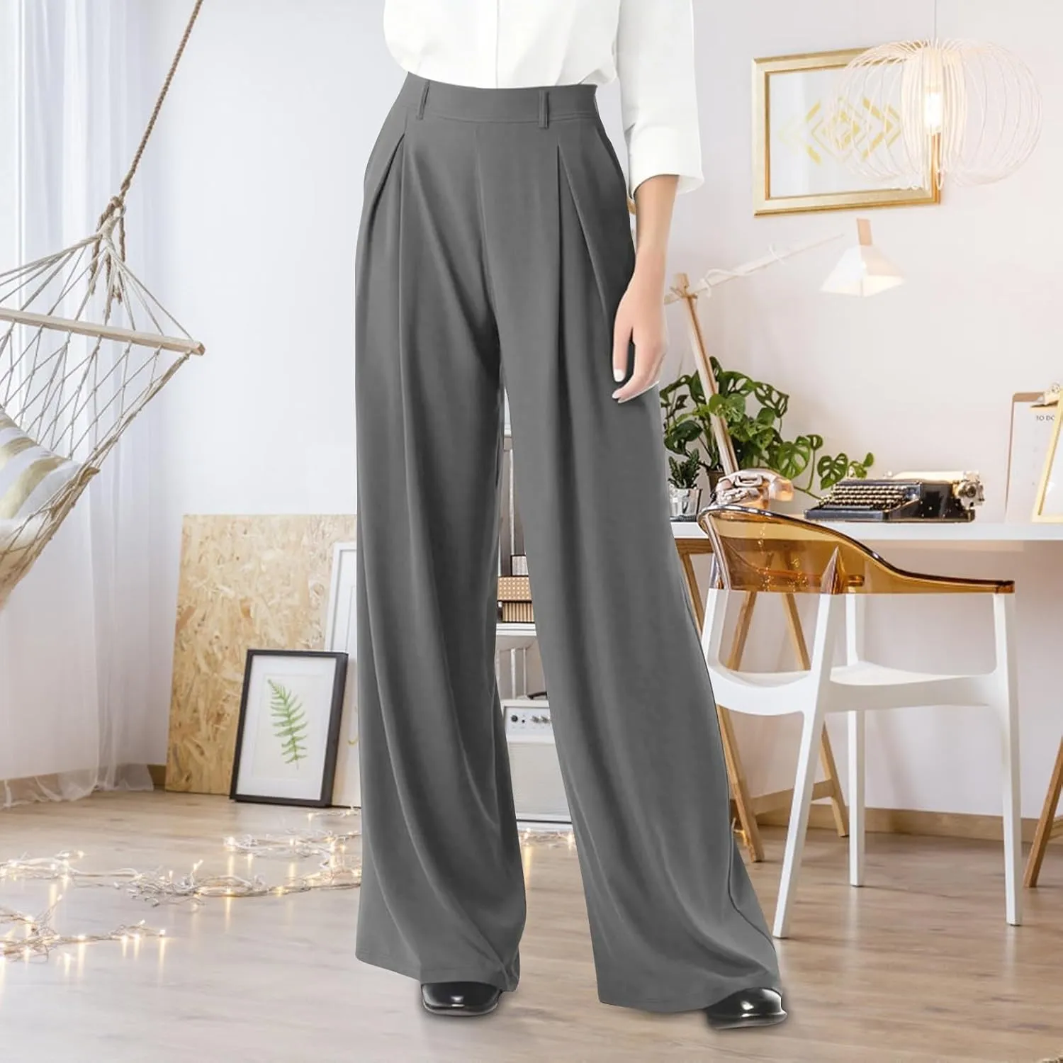 Women's Office Work Pants Drape High Waisted Business Casual Loose Straight Wide Leg Long Dress Trousers with Pocket