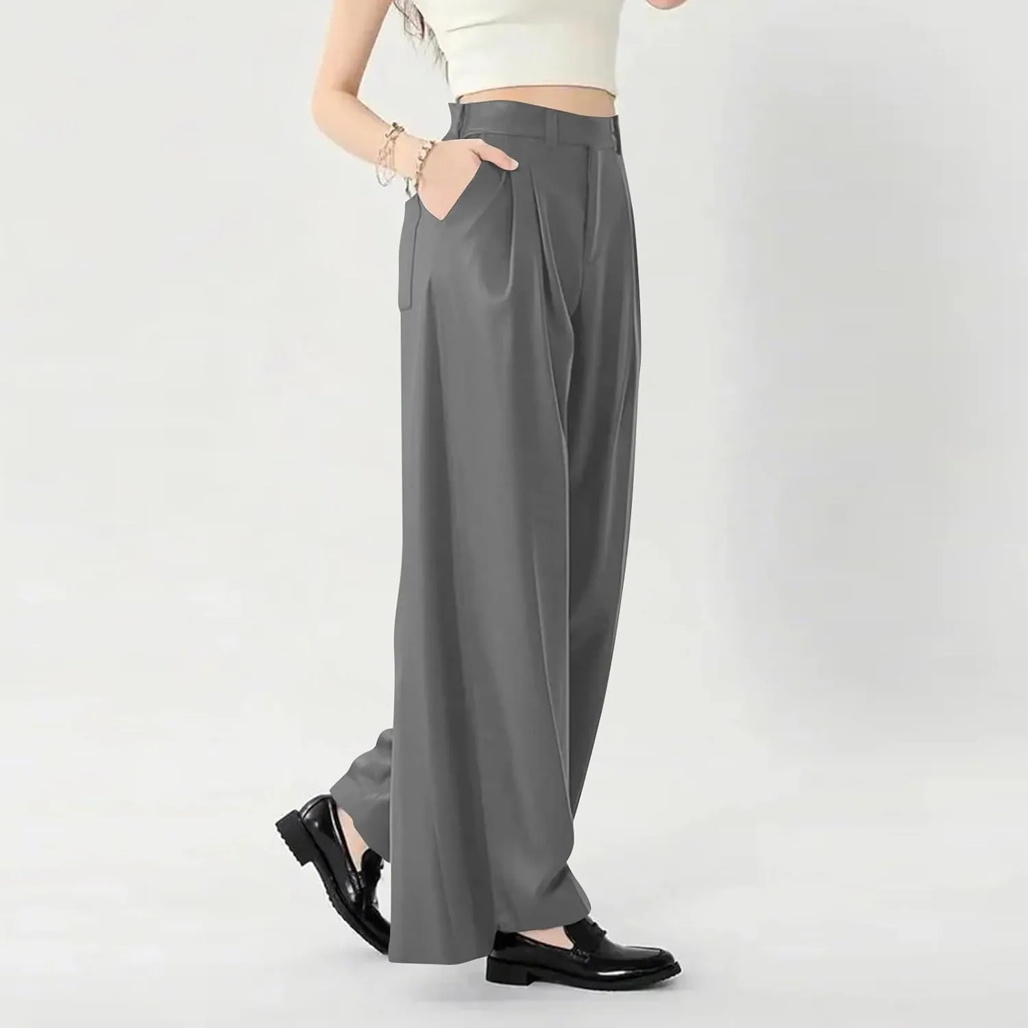 Women's Office Work Pants Drape High Waisted Business Casual Loose Straight Wide Leg Long Dress Trousers with Pocket