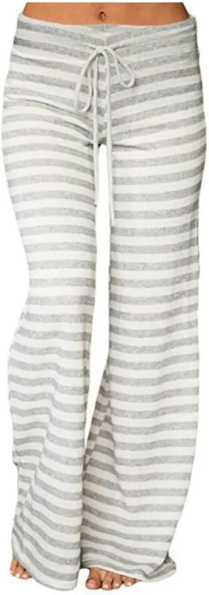 Womens Pajama Pants Stripe Straight Leg Casual Lounge Pant Drawstring Palazzo Pant Wide Leg Comfy Trousers with Pocket