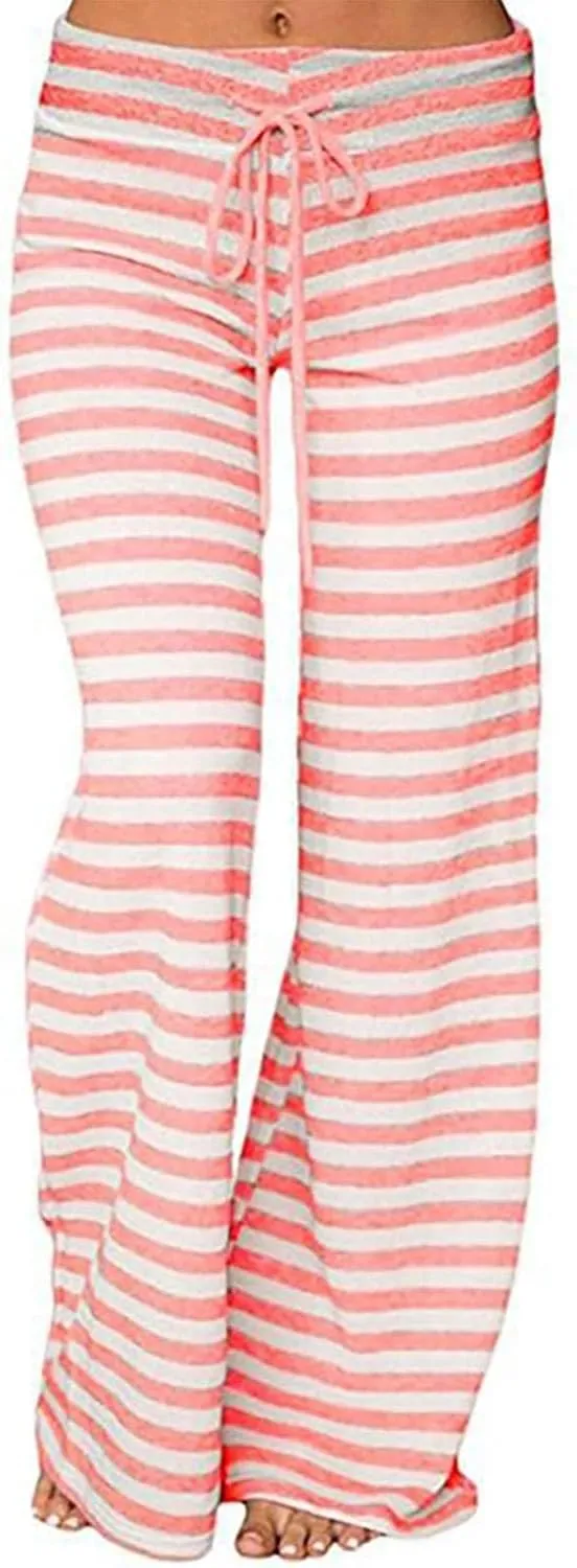 Womens Pajama Pants Stripe Straight Leg Casual Lounge Pant Drawstring Palazzo Pant Wide Leg Comfy Trousers with Pocket