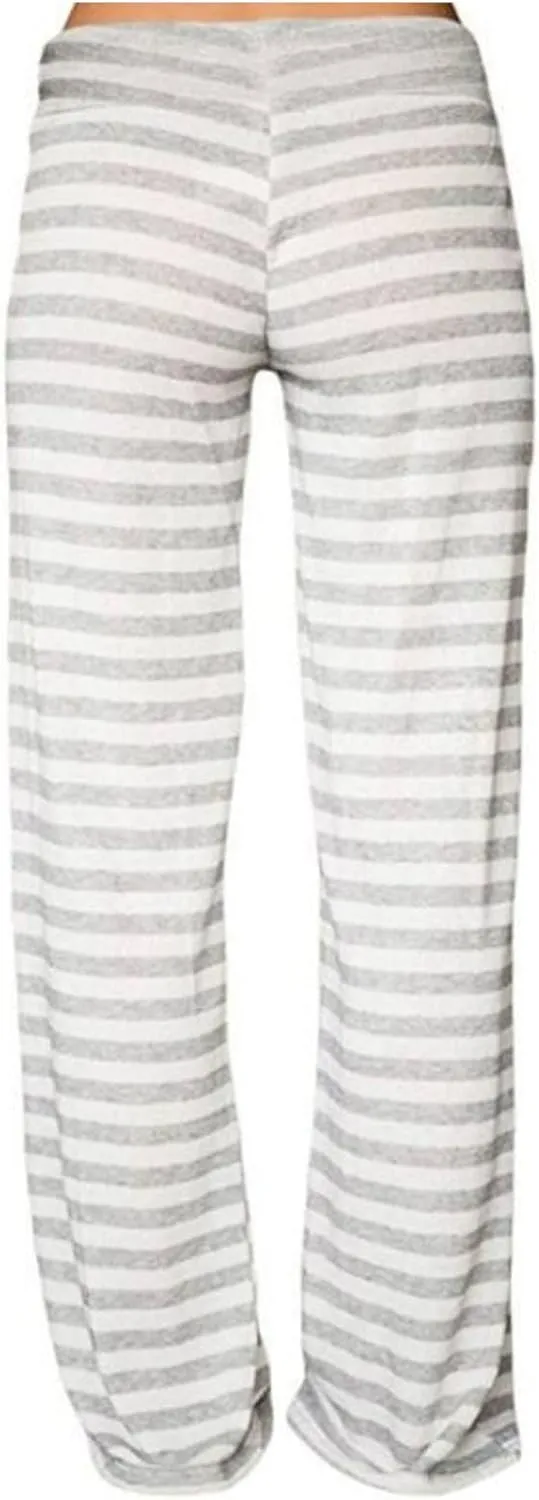 Womens Pajama Pants Stripe Straight Leg Casual Lounge Pant Drawstring Palazzo Pant Wide Leg Comfy Trousers with Pocket